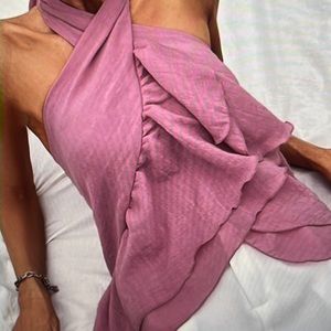 Pink wrap cross ruffle halter top